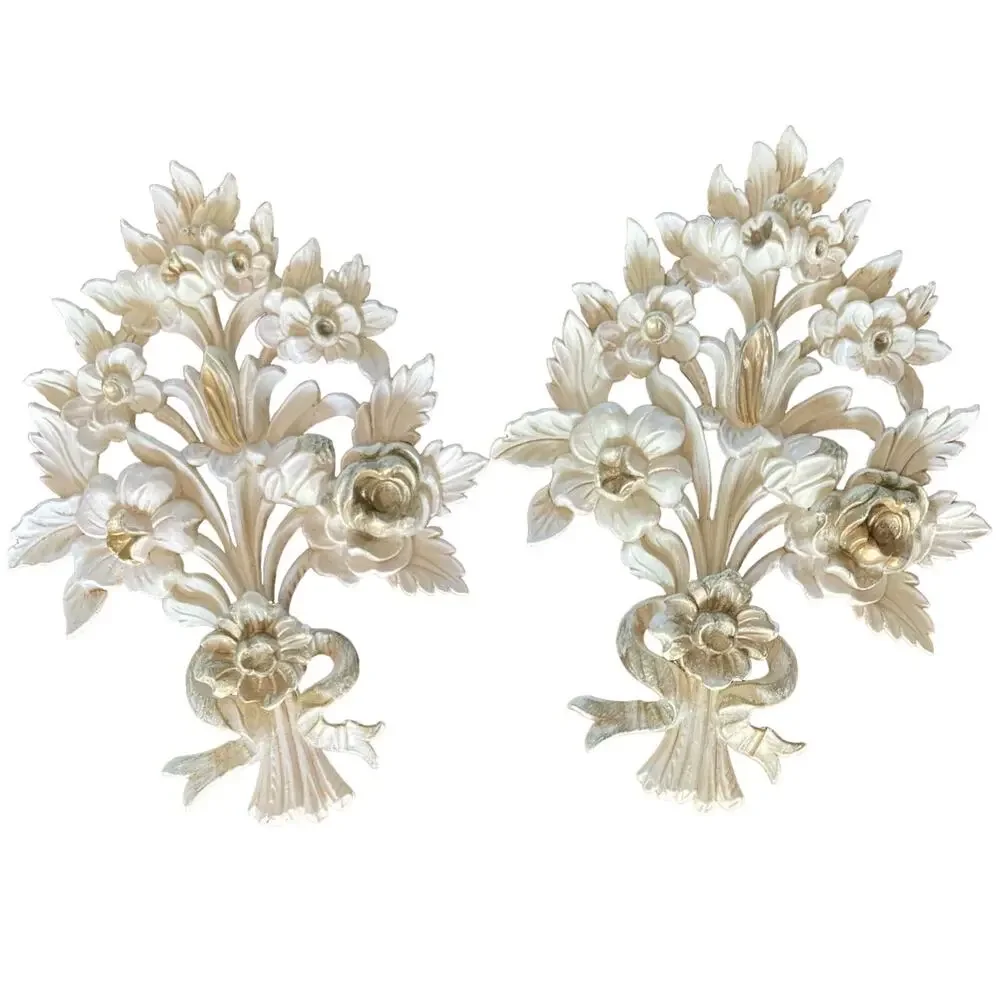 Vintage EuroMarchi Italy Gold Gilt Floral Wall Decor Hollywood Regency Set Pair